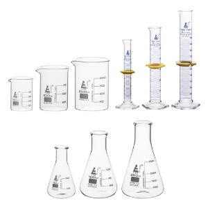 Glass set of 9 beaker flasks cylinders